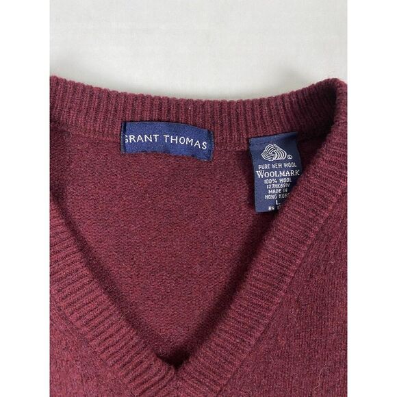 GRANT THOMAS WOOLMARK  100% PURE WOOL MAROON V-NECK SWEATER SIZE L - Picture 2 of 7